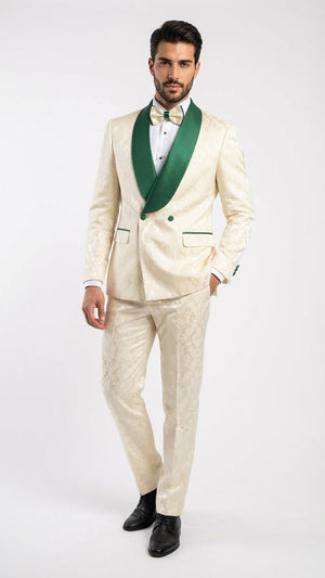Men's Ivory and Emerald Green Jacquard Tuxedo Suit + Bowtie – 3-Piece Formal Wedding, Prom, and Gala Outfit