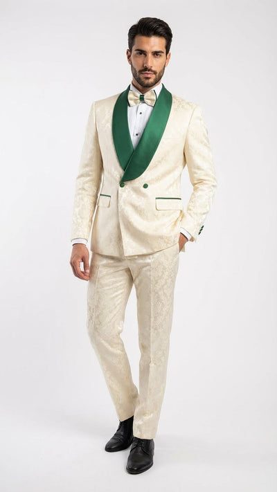 Men's Ivory and Emerald Green Jacquard Tuxedo Suit + Bowtie – 3-Piece Formal Wedding, Prom, and Gala Outfit 1   - from alligatorwarehouse.com
