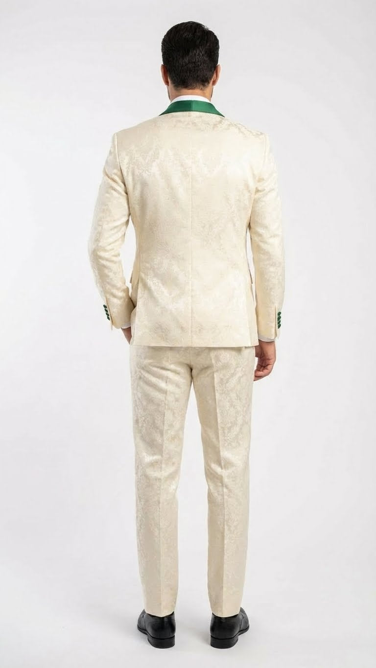 Men's Ivory and Emerald Green Jacquard Tuxedo Suit + Bowtie – 3-Piece Formal Wedding, Prom, and Gala Outfit