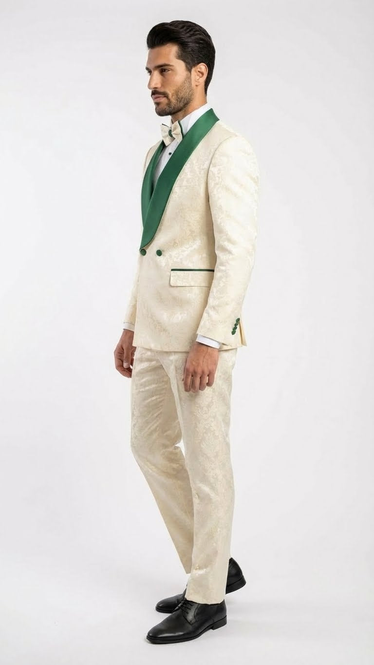 Men's Ivory and Emerald Green Jacquard Tuxedo Suit + Bowtie – 3-Piece Formal Wedding, Prom, and Gala Outfit