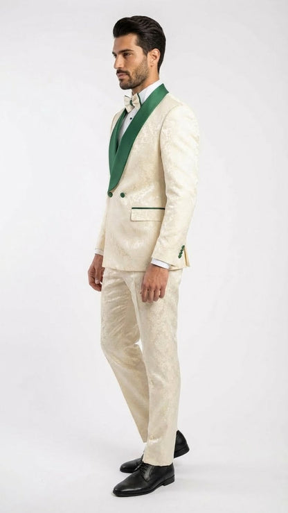 Men's Ivory and Emerald Green Jacquard Tuxedo Suit + Bowtie – 3-Piece Formal Wedding, Prom, and Gala Outfit