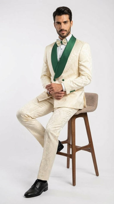 Men's Ivory and Emerald Green Jacquard Tuxedo Suit + Bowtie – 3-Piece Formal Wedding, Prom, and Gala Outfit 7   - from alligatorwarehouse.com