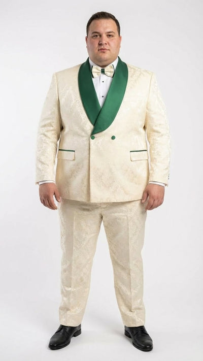 Men's Ivory and Emerald Green Jacquard Tuxedo Suit + Bowtie – 3-Piece Formal Wedding, Prom, and Gala Outfit 2   - from alligatorwarehouse.com