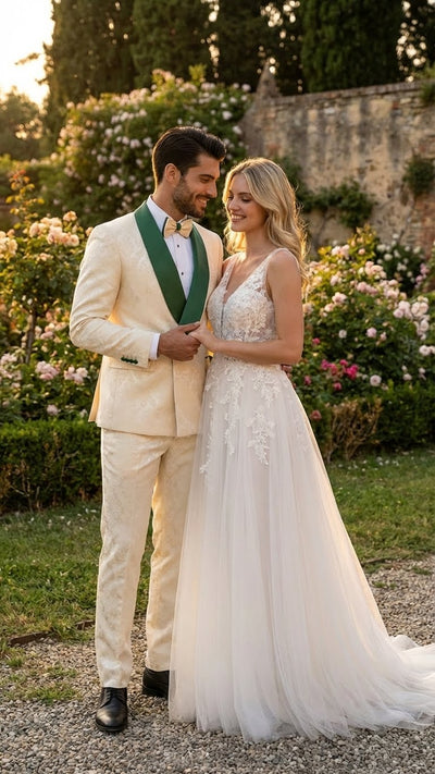 Men's Ivory and Emerald Green Jacquard Tuxedo Suit + Bowtie – 3-Piece Formal Wedding, Prom, and Gala Outfit 3   - from alligatorwarehouse.com