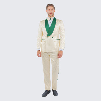 Men's Ivory and Emerald Green Jacquard Tuxedo Suit + Bowtie – 3-Piece Formal Wedding, Prom, and Gala Outfit 4   - from alligatorwarehouse.com