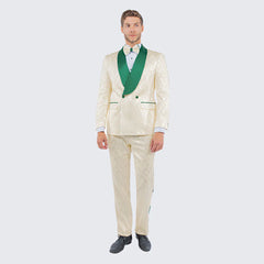 Men's Ivory and Emerald Green Jacquard Tuxedo Suit + Bowtie – 3-Piece Formal Wedding, Prom, and Gala Outfit