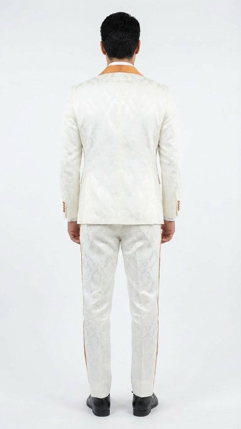 Men's Ivory and Gold Jacquard Tuxedo Suit + Bowtie – Formal Wedding, Prom, and Gala Outfit in Cream Off White color