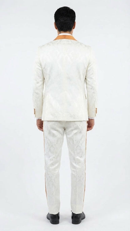 Men's Ivory and Gold Jacquard Tuxedo Suit + Bowtie – Formal Wedding, Prom, and Gala Outfit in Cream Off White color