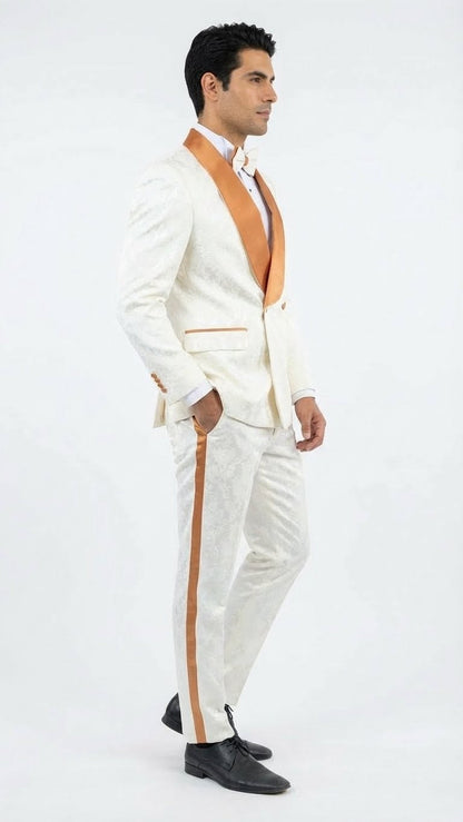 Men's Ivory and Gold Jacquard Tuxedo Suit + Bowtie – Formal Wedding, Prom, and Gala Outfit in Cream Off White color