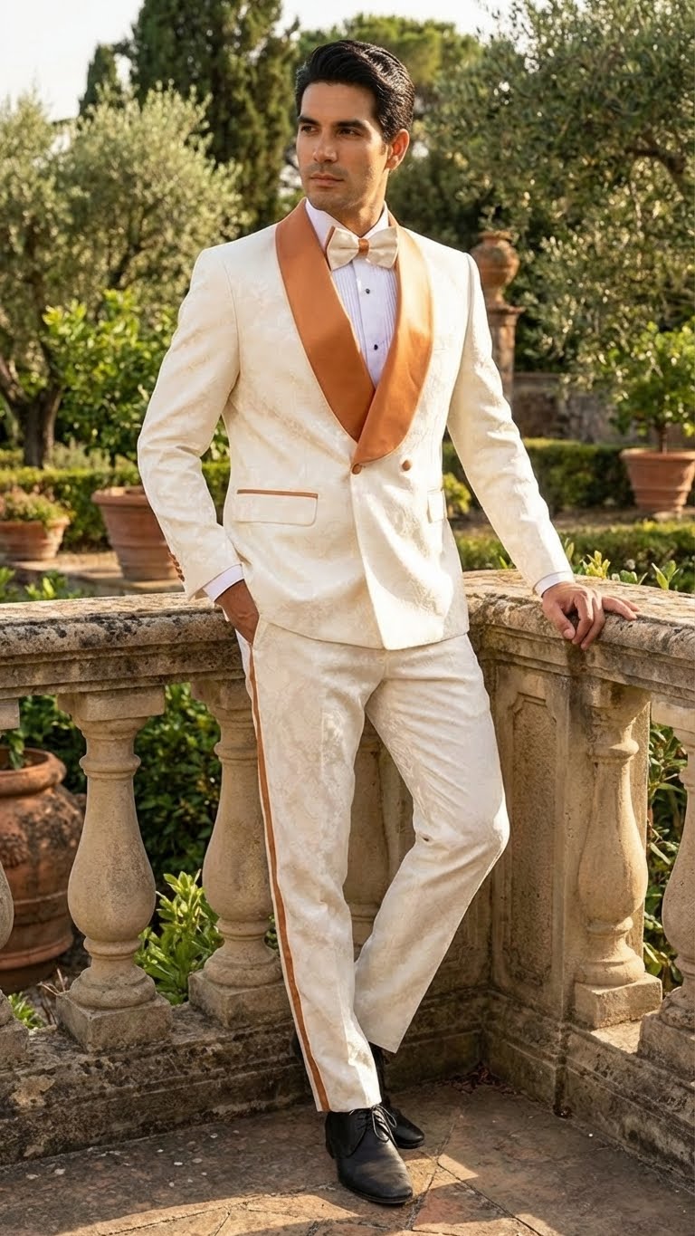 Men's Ivory and Gold Jacquard Tuxedo Suit + Bowtie – Formal Wedding, Prom, and Gala Outfit in Cream Off White color