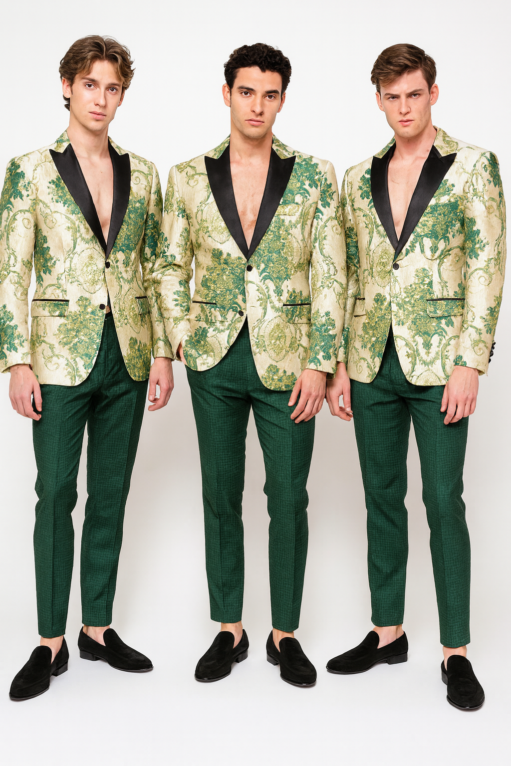Men’s Ivory and Green Suit Floral Embroidered Tuxedo Jacket with Black Satin Lapel – Designer Blazer for Weddings With Hutner Green Pants