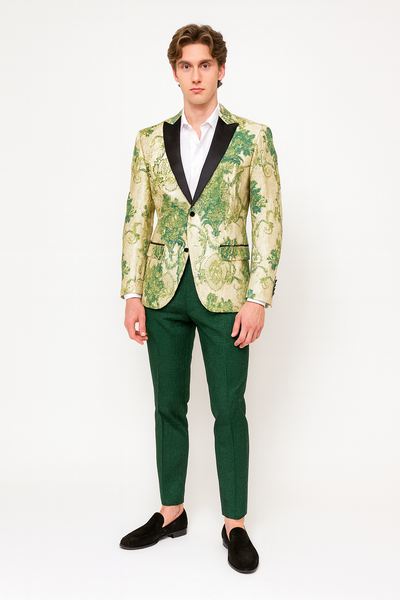 Men’s Ivory and Green Suit Floral Embroidered Tuxedo Jacket with Black Satin Lapel – Designer Blazer for Weddings With Hutner Green Pants 1   - from alligatorwarehouse.com