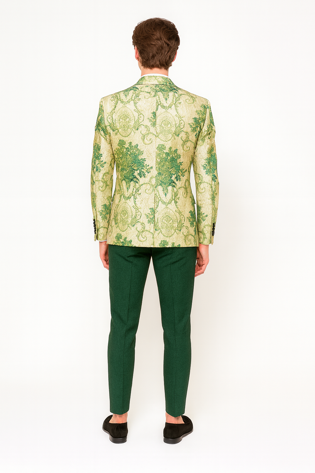 Men’s Ivory and Green Suit Floral Embroidered Tuxedo Jacket with Black Satin Lapel – Designer Blazer for Weddings With Hutner Green Pants 2   - from alligatorwarehouse.com