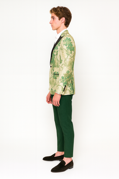 Men’s Ivory and Green Suit Floral Embroidered Tuxedo Jacket with Black Satin Lapel – Designer Blazer for Weddings With Hutner Green Pants 3   - from alligatorwarehouse.com