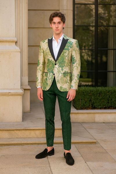 Men’s Ivory and Green Suit Floral Embroidered Tuxedo Jacket with Black Satin Lapel – Designer Blazer for Weddings With Hutner Green Pants 6   - from alligatorwarehouse.com