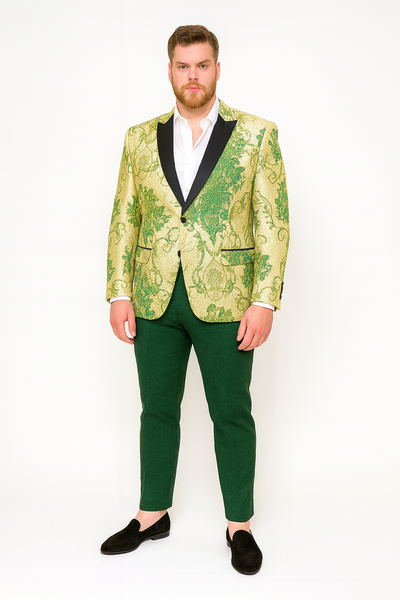 Men’s Ivory and Green Suit Floral Embroidered Tuxedo Jacket with Black Satin Lapel – Designer Blazer for Weddings With Hutner Green Pants 4   - from alligatorwarehouse.com