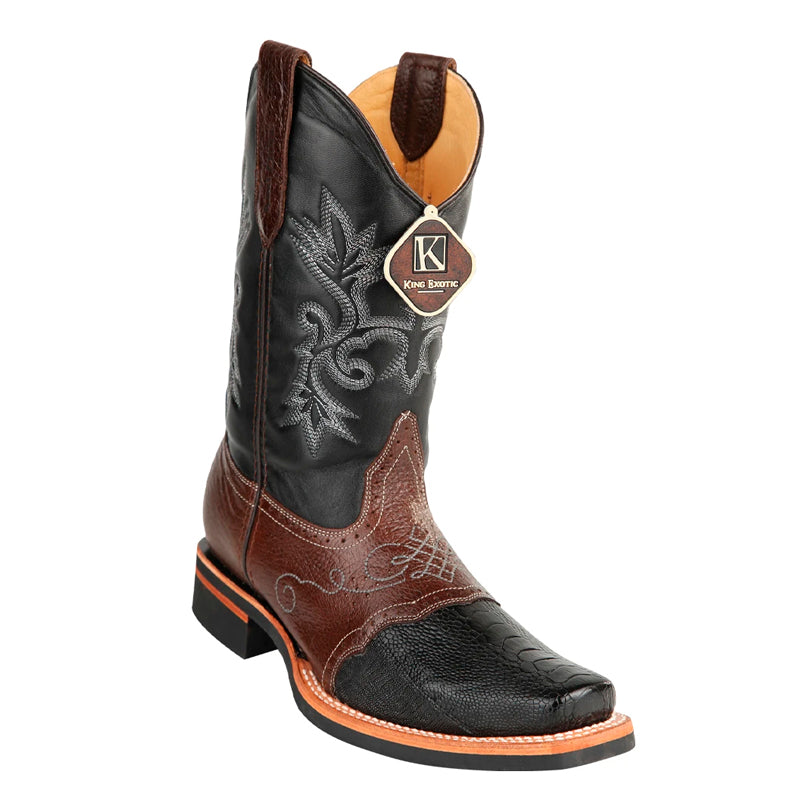 Men's King Exotic Ostrich Leg Boots With Rubber Sole & Saddle Square Toe Black (48160505) 1   - from alligatorwarehouse.com
