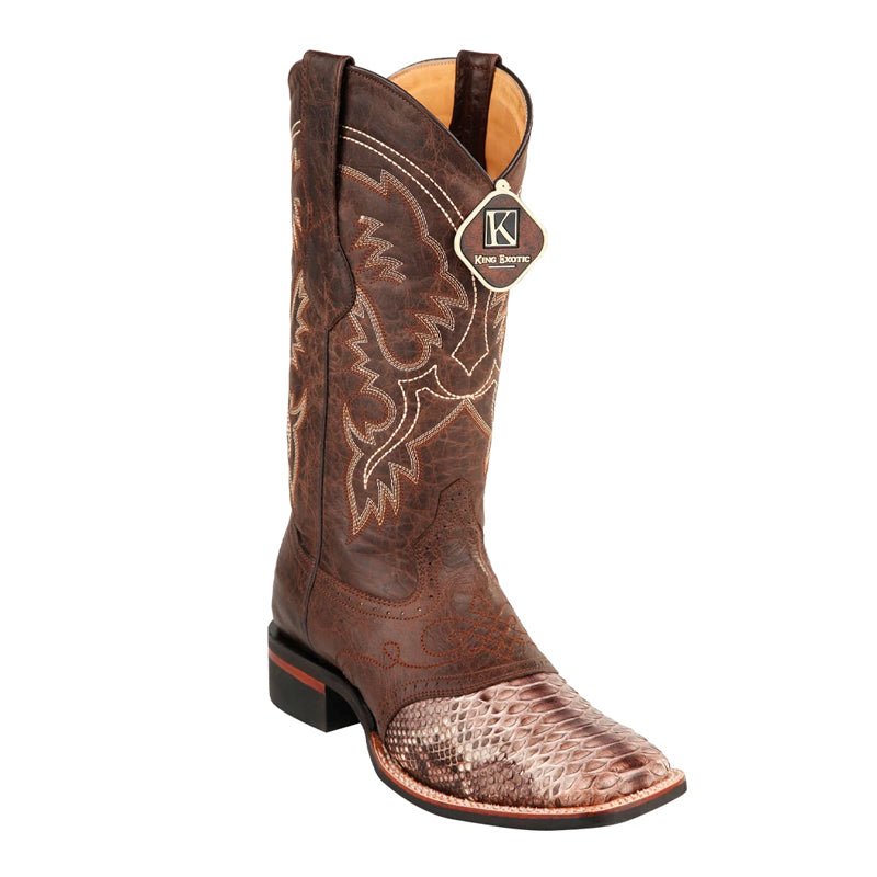 Men's King Exotic Python Boots Rubber Sole & Saddle Vamp Square Toe Natural (48235785) 1   - from alligatorwarehouse.com