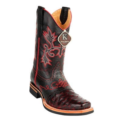 Men's King Exotic Square Toe Ostrich Boots Rubber Sole & Saddle Black Cherry (48160318) 1   - from alligatorwarehouse.com