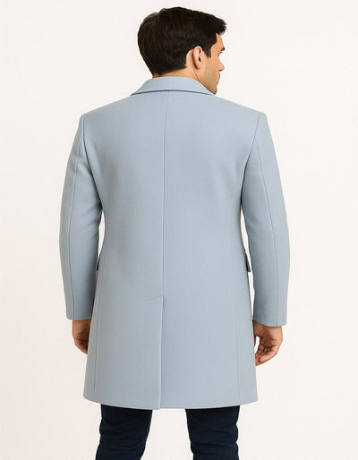 Men’s Light Blue Wool Overcoat – Classic Single-Breasted Long Coat - Sky Blue Carcoat Wool Fabric 2   - from alligatorwarehouse.com