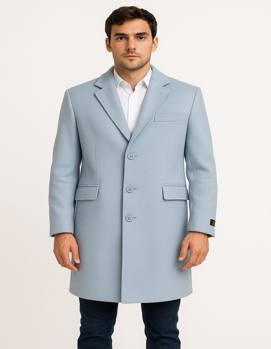 Men’s Light Blue Wool Overcoat – Classic Single-Breasted Long Coat - Sky Blue Carcoat Wool Fabric 3   - from alligatorwarehouse.com