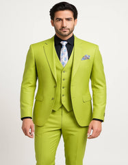 Men's Lime Green Three-Piece Suit with Floral Tie ƒ?? Slim Fit Tuxedo for Weddings & Parties
