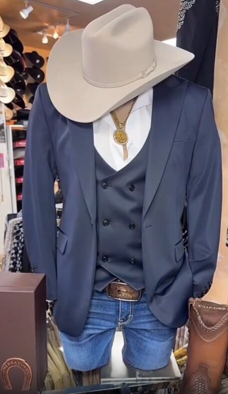 Men’s Navy Western Suit Blazer with Double-Breasted Vest – Modern Cowboy Formal Outfit