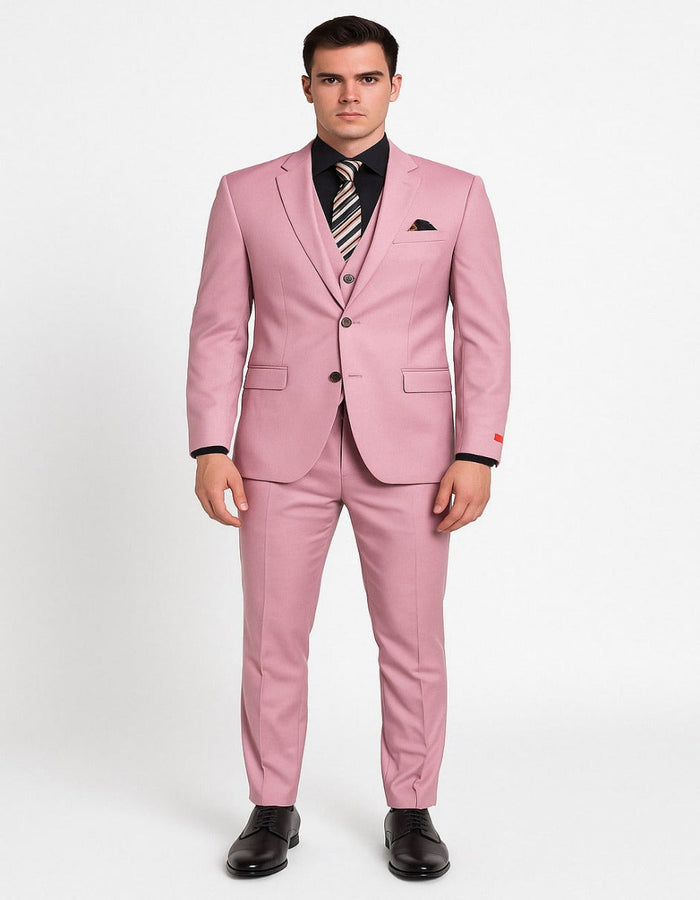 Menƒ??s Pink 3-Piece Slim Fit Suit ƒ?? Formal Wedding and Prom Outfit with Vest