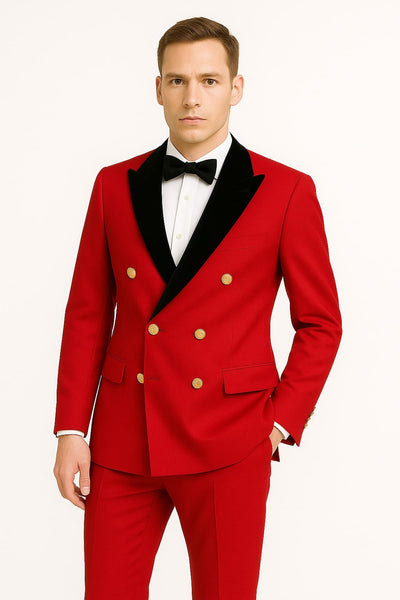 Men's Red Double-Breasted Wedding Tuxedo with Black Velvet Lapel and Gold Buttons - Christmas New Year Suit 2   - from alligatorwarehouse.com