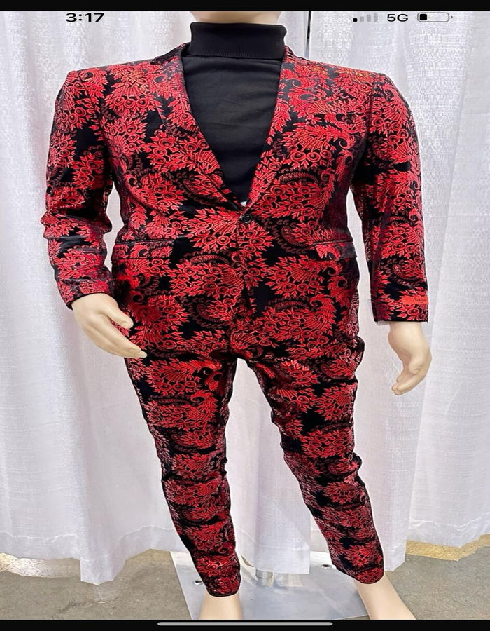 Menƒ??s Red and Black Floral Tuxedo Suit ƒ?? Slim Fit 2 Piece Embroidered Outfit for Weddings, Prom, and Formal Events