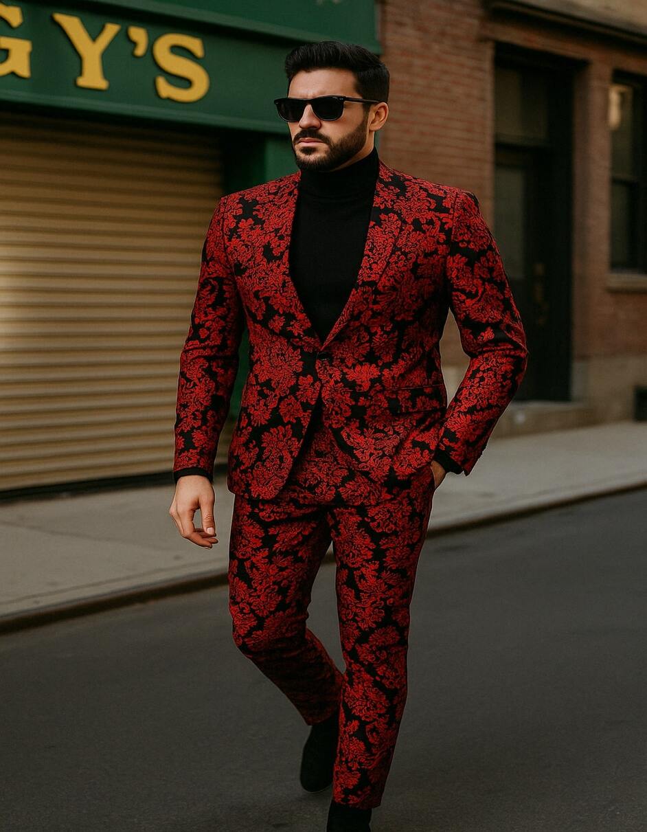 Menƒ??s Red and Black Floral Tuxedo Suit ƒ?? Slim Fit 2 Piece Embroidered Outfit for Weddings, Prom, and Formal Events