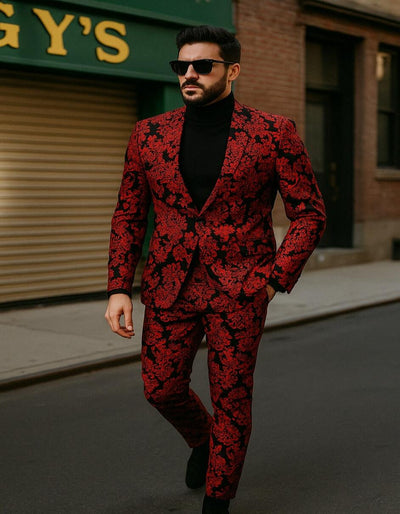 Menƒ??s Red and Black Floral Tuxedo Suit ƒ?? Slim Fit 2 Piece Embroidered Outfit for Weddings, Prom, and Formal Events 1   - from alligatorwarehouse.com