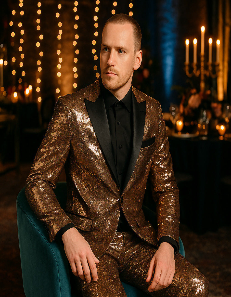 Men's Rose Gold Sequin Tuxedo Suit with Black Satin Lapel ƒ?? Luxury Slim Fit Blazer for Parties and Events