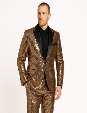 Men's Rose Gold Sequin Tuxedo Suit with Black Satin Lapel ƒ?? Luxury Slim Fit Blazer for Parties and Events