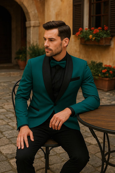 Men's Teal Blue Velvet Tuxedo with Black Satin Lapel and Bow Tie + Black Pants 2   - from alligatorwarehouse.com