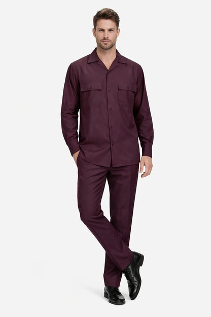 Mens Luxury Burgundy Wool Two-Piece Leisure Walking Suit