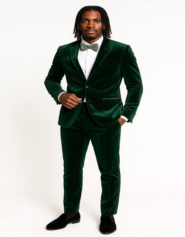 Menƒ??s Emerald Green Velvet Suit ƒ?? Slim Fit Tuxedo for Weddings, Prom, and Red Carpet Events