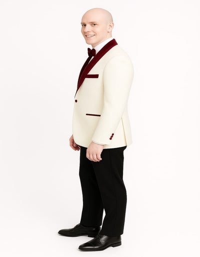 Men’s White Floral Tuxedo Jacket with Burgundy Velvet Shawl Lapel – Wedding, Prom, and Formal Event Suit 4   - from alligatorwarehouse.com