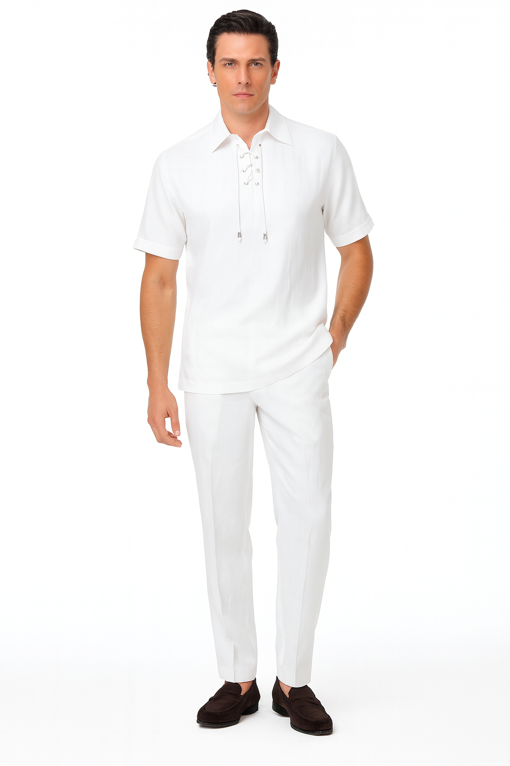Men’s White Lace-Up Shirt and Pants Set – Casual Summer Two-Piece Outfit 1   - from alligatorwarehouse.com