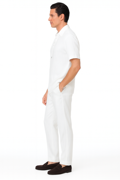 Men’s White Lace-Up Shirt and Pants Set – Casual Summer Two-Piece Outfit