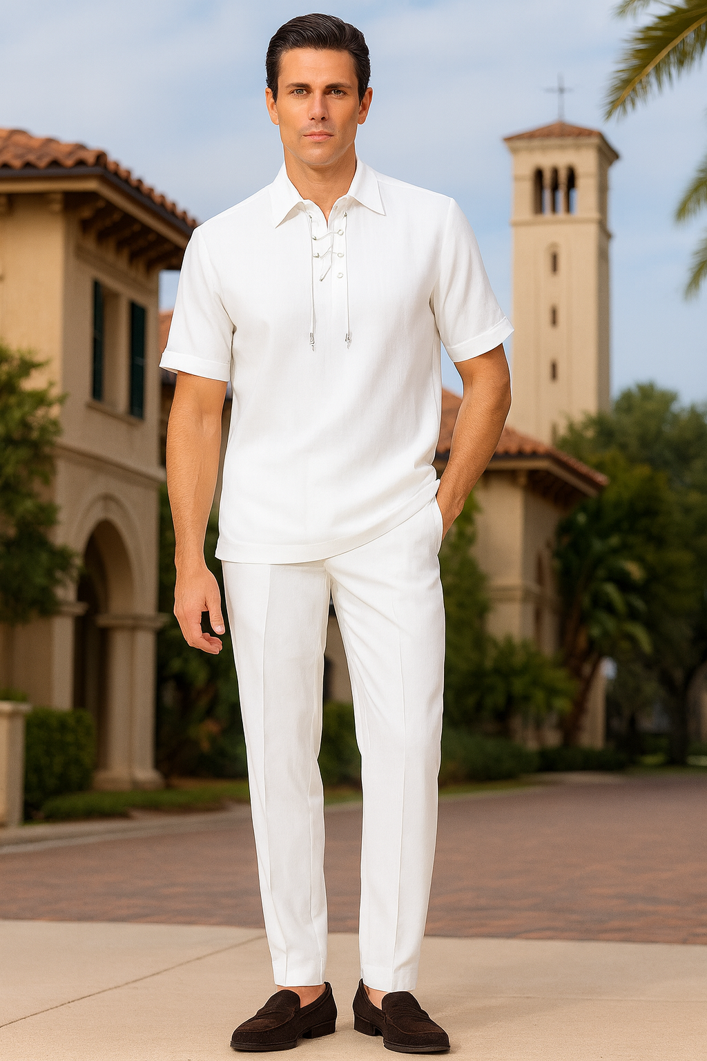 Men’s White Lace-Up Shirt and Pants Set – Casual Summer Two-Piece Outfit