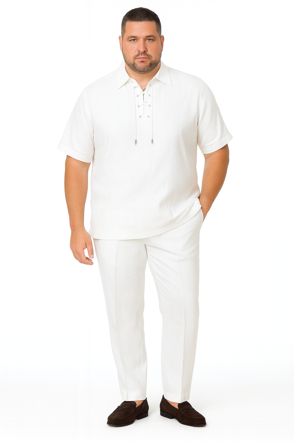 Men’s White Lace-Up Shirt and Pants Set – Casual Summer Two-Piece Outfit 5   - from alligatorwarehouse.com