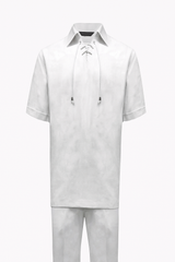 Men’s White Lace-Up Shirt and Pants Set – Casual Summer Two-Piece Outfit