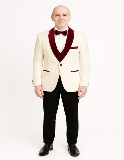 Men’s White Floral Tuxedo Jacket with Burgundy Velvet Shawl Lapel – Wedding, Prom, and Formal Event Suit 3   - from alligatorwarehouse.com