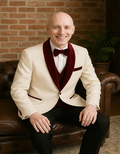 Men’s White Floral Tuxedo Jacket with Burgundy Velvet Shawl Lapel – Wedding, Prom, and Formal Event Suit 1   - from alligatorwarehouse.com