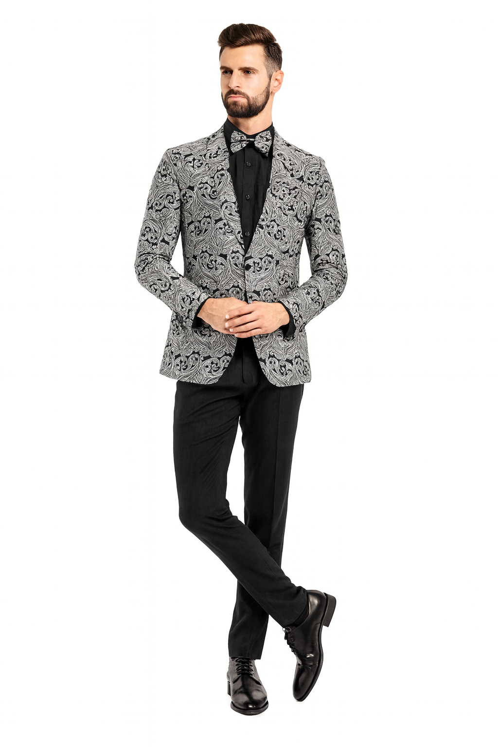 Men’s Black and Silver Paisley Tuxedo Jacket 