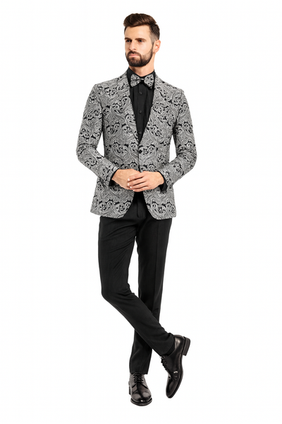 Men’s Black and Silver Paisley Tuxedo Jacket – Slim Fit Dinner Blazer with Matching Bow Tie with Black Pants 1   - from alligatorwarehouse.com