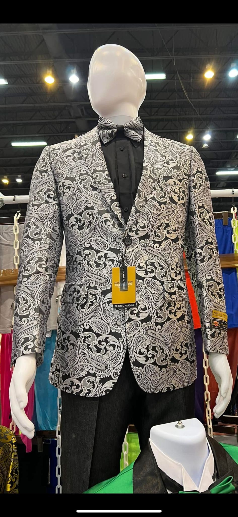 Men’s Black and Silver Paisley Tuxedo Jacket – Slim Fit Dinner Blazer with Matching Bow Tie with Black Pants 2   - from alligatorwarehouse.com