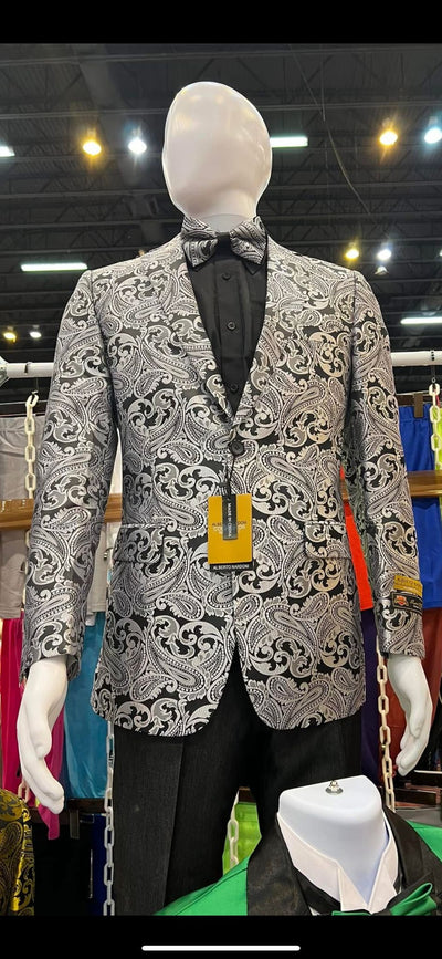 Men’s Black and Silver Paisley Tuxedo Jacket – Slim Fit Dinner Blazer with Matching Bow Tie with Black Pants 2   - from alligatorwarehouse.com