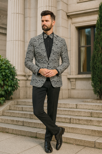 Men’s Black and Silver Paisley Tuxedo Jacket – Slim Fit Dinner Blazer with Matching Bow Tie with Black Pants 3   - from alligatorwarehouse.com